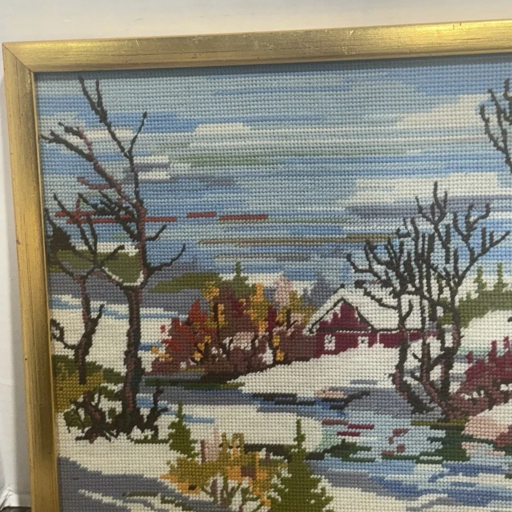 Vintage Needlepoint Framed Snow Winter Scene Red Farm House Stream Size 13 X 17